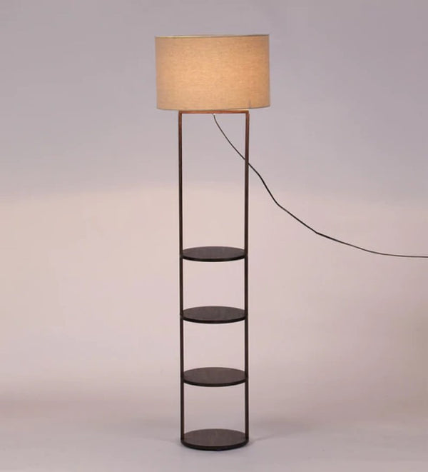 Beige cotton walnut shade floor lamp with 4 Shelves