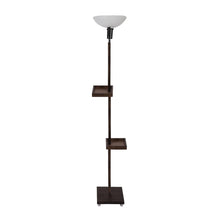 FRAPPE UPLIGHT FLOOR LAMP IN SOLID WOOD  WITH WHITE WASHABLE ACRYLIC SHADE IN NATURAL WOOD COLOR BASE AND 2 SHELFS