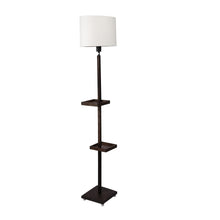 FRAPPE UPLIGHT FLOOR LAMP IN SOLID WOOD  WITH WHITE WASHABLE ACRYLIC SHADE IN NATURAL WOOD COLOR BASE AND 2 SHELFS