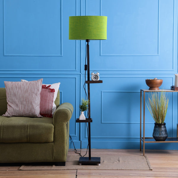 MILLER DOUBLE SHELF FLOOR LAMP IN SOLID WODD WITH WALNUT COLOR BASE AND GREEN COLOR SHADE