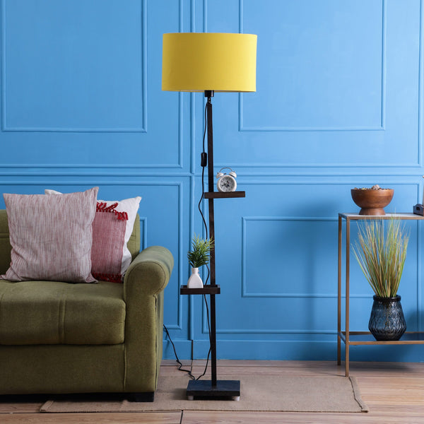 MILLER DOUBLE SHELF FLOOR LAMP IN SOLID WODD WITH WALNUT COLOR BASE AND YELLOW COLOR SHADE