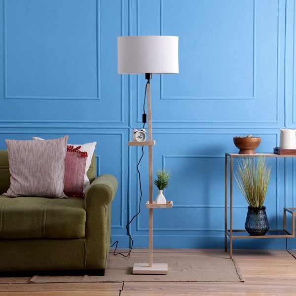 MILLER DOUBLE SHELF FLOOR LAMP IN SOLID WOOD WITH NATURAL WOOD COLOR BASE AND OFFWHITE COLOR SHADE