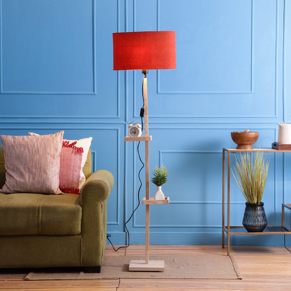 MILLER DOUBLE SHELF FLOOR LAMP IN SOLID WOOD WITH NATURAL WOOD COLOR BASE AND RED COLOR SHADE