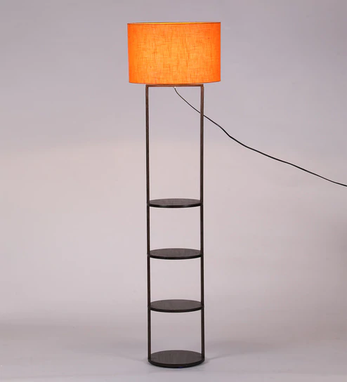 Orange cotton walnut shade floor lamp with 4 Shelves