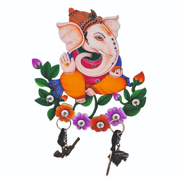 Sanded Edge Handpainted Lord Ganesha With Floral Design Wood Key Holder  (6 Hooks, Multicolor) Best For Home Décor,Living Room, Dining Room, Children Room, Pooja Room, Office, Wall Art, Pack of 1 (Multicolor)