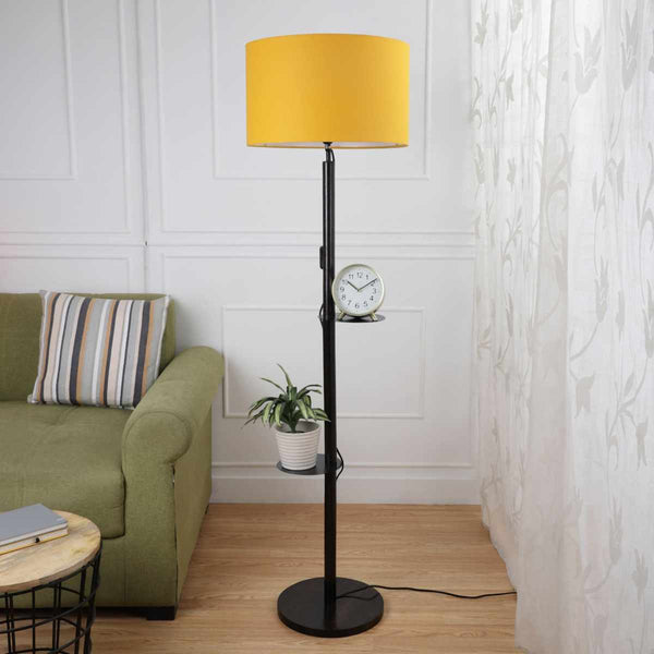 MONTAGE 2 SHELF FLOOR LAMP IN SOLID WOOD IN WALNUT COLOR WITH YELLOW SHADE FOR LIVING ROOM HOME DEOCR GIFT ( PACK OF 1)