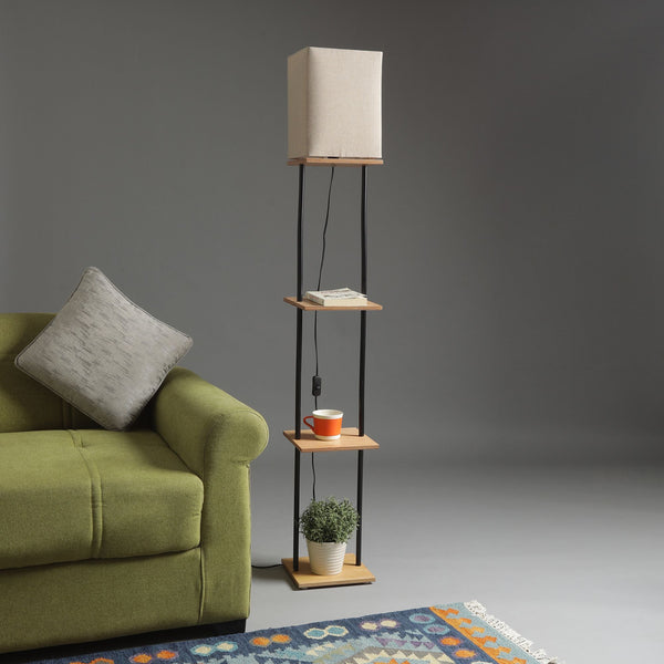 BUDDY LAMP WITH 3 TIER STORAGE IN NAUTRAL FINISH WOOD & METAL LEGS