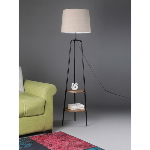 CENTRAL 2 TIER LAMP WITH SOLID WOOD SHELF AND BEIGE SHADE