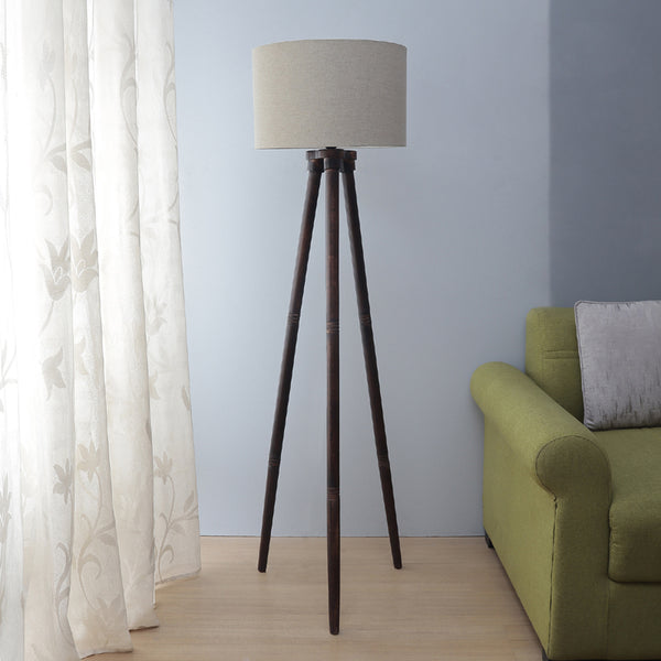 BEIGE FABRIC DARK BROWN FLOOR LAMP WITH SHADE