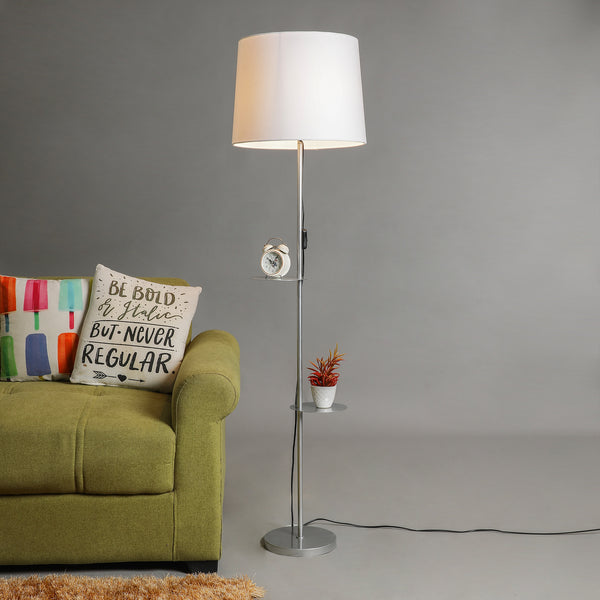 SILVER COLOR METAL LAMP WITH DOUBLE SHELF IN WHITE TAPER SHADE