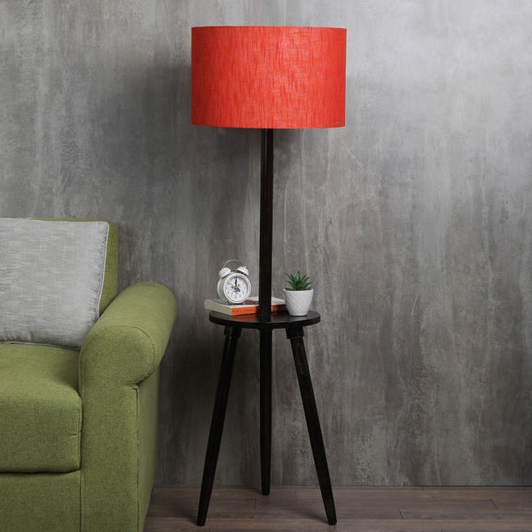 DÉCOR SIDE LAMP WITH RED SHADE & SHELF IN SOLID WOOD