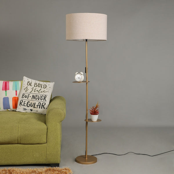 GOLD COLOR  METAL LAMP WITH DOUBLE SHELF IN BEIGE ROUND SHADE