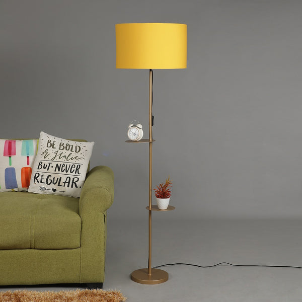 GOLD COLOR METAL LAMP WITH DOUBLE SHELF IN YELLOW ROUND SHADE