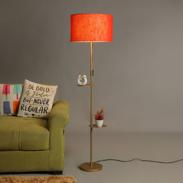 GOLD COLOR METAL LAMP WITH DOUBLE SHELF IN RED ROUND SHADE