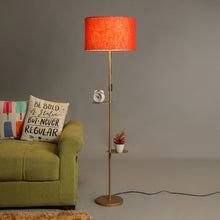 GOLD COLOR METAL LAMP WITH DOUBLE SHELF IN RED ROUND SHADE