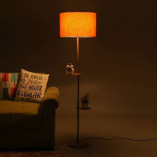 GOLD COLOR METAL LAMP WITH DOUBLE SHELF IN ORANGE ROUND SHADE