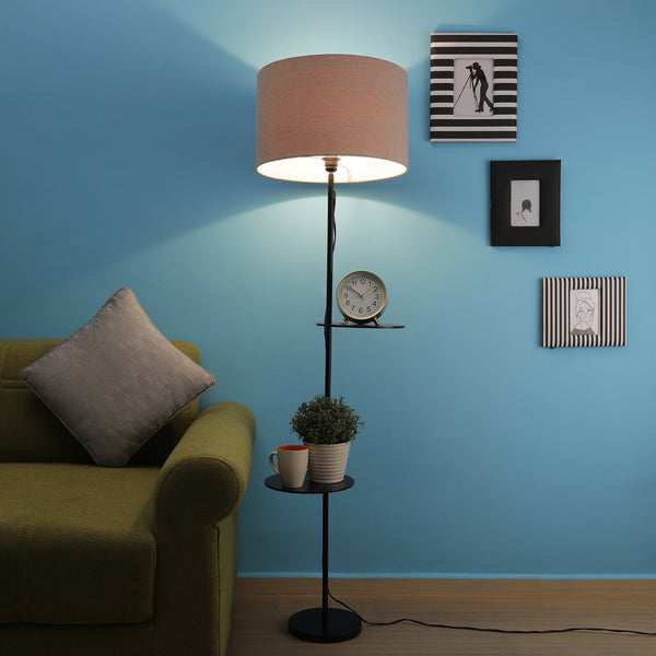 3-IN-1 LAMP IN TAPER SHADE WITH SHELVES FOR STORAGE