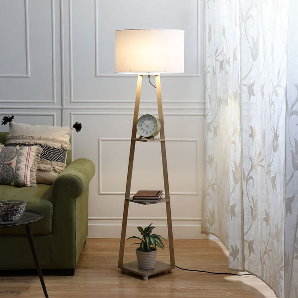 Magnum Lamp with 3 Tier Shelf Space in Natural Wood Finish with Oval Shape Shade in Offwhite Color