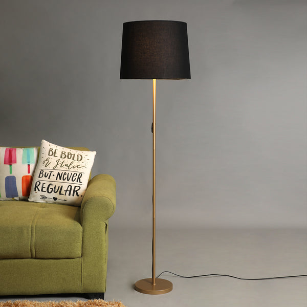 GOLD COLOR METAL FLOOR LAMP WITH BLACK TAPER SHADE