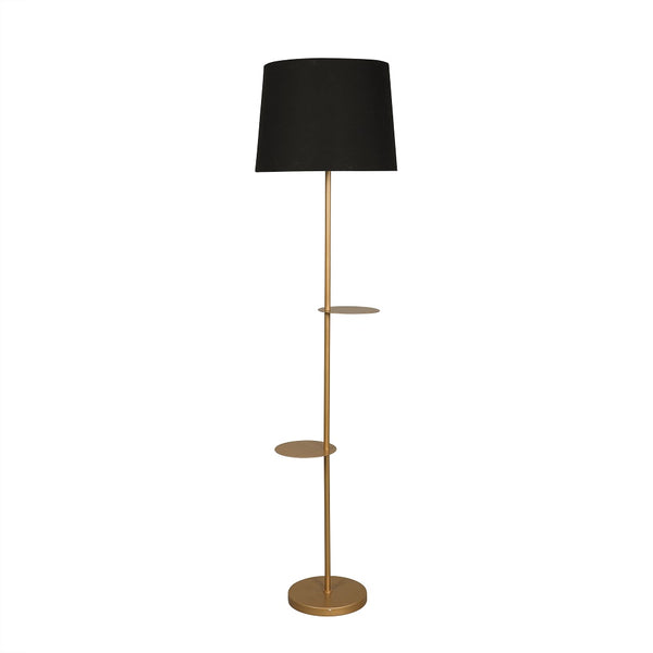 GOLD COLOR METAL LAMP WITH DOUBLE SHELF IN BLACK TAPER SHADE