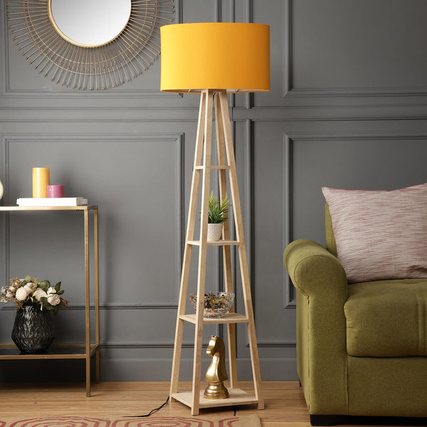 VOILA 4 TIER SHELF STORAGE FLOOR LAMP IN SOLID WOOD NATURAL COLOR FINISH AND YELLOW COLOR OVAL SHADE, FOR LIVING ROOM HOME DECOR -PACK OF 1