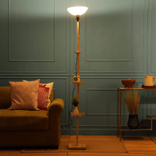 FRAPPE UPLIGHT FLOOR LAMP IN SOLID WOOD  WITH WHITE WASHABLE ACRYLIC SHADE IN WALNUT POLISH COLOR BASE AND 2 SHELFS