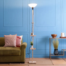 FRAPPE UPLIGHT FLOOR LAMP IN SOLID WOOD  WITH WHITE WASHABLE ACRYLIC SHADE IN WALNUT POLISH COLOR BASE AND 2 SHELFS