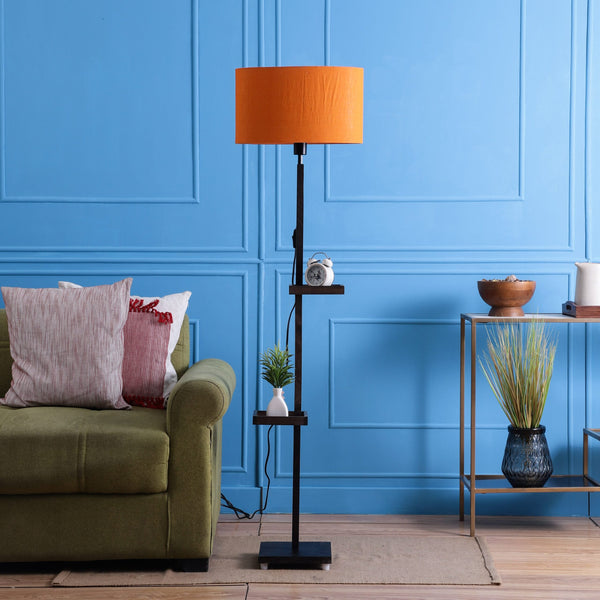 MILLER DOUBLE SHELF FLOOR LAMP IN SOLID WODD WITH WALNUT COLOR BASE AND ORANGE COLOR SHADE