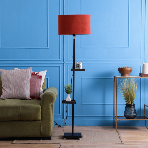 MILLER DOUBLE SHELF FLOOR LAMP IN SOLID WODD WITH WALNUT COLOR BASE AND RED COLOR SHADE