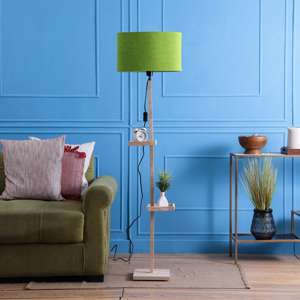 MILLER DOUBLE SHELF FLOOR LAMP IN SOLID WOOD WITH NATURAL WOOD COLOR BASE AND GREEN COLOR SHADE