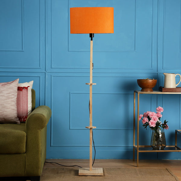 ORLANDO FLOOR LAMP WITH ORANGE SHADE IN OVAL SHAPE AND NATURAL WOOD COLOR BASE IN SOLID WOOD