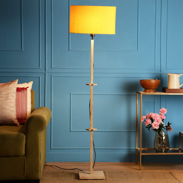 ORLANDO FLOOR LAMP WITH YELLOW SHADE IN OVAL SHAPE AND NATURAL WOOD COLOR BASE IN SOLID WOOD