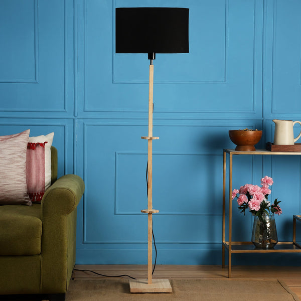 ORLANDO FLOOR LAMP WITH BLACK SHADE IN OVAL SHAPE AND NATURAL WOOD COLOR BASE IN SOLID WOOD