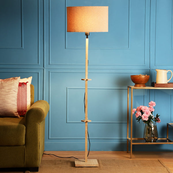 ORLANDO FLOOR LAMP WITH ORANGE SHADE IN OVAL SHAPE AND NATURAL WOOD COLOR BASE IN SOLID WOOD