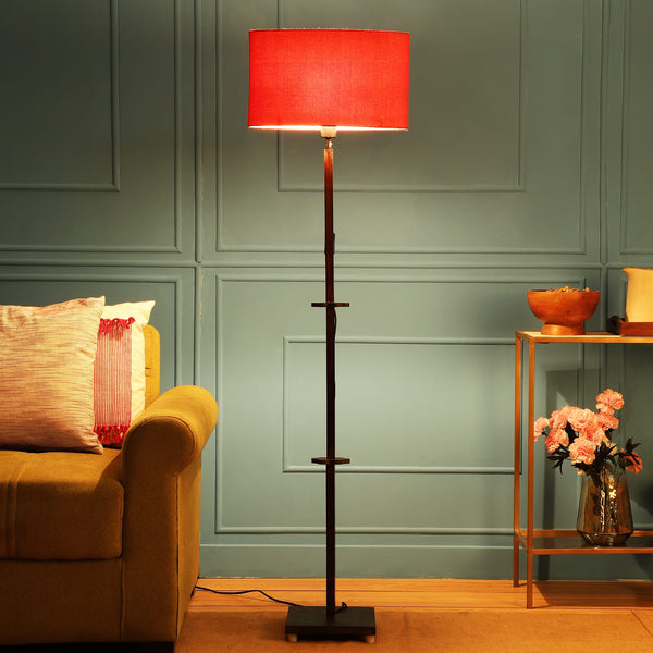 ORLANDO FLOOR LAMP WITH RED SHADE IN OVAL SHAPE AND WALNUT POLISH BASE IN SOLID WOOD