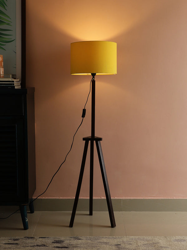 SANDED EDGE NORTHERN TRIPOD FLOOR LAMP IN SOLID WOOD AND WALNUT POLISH BASE  IN YELLOW COLOR ROUND SHAPE SHADE, FOR GIFT PACK OF 1.