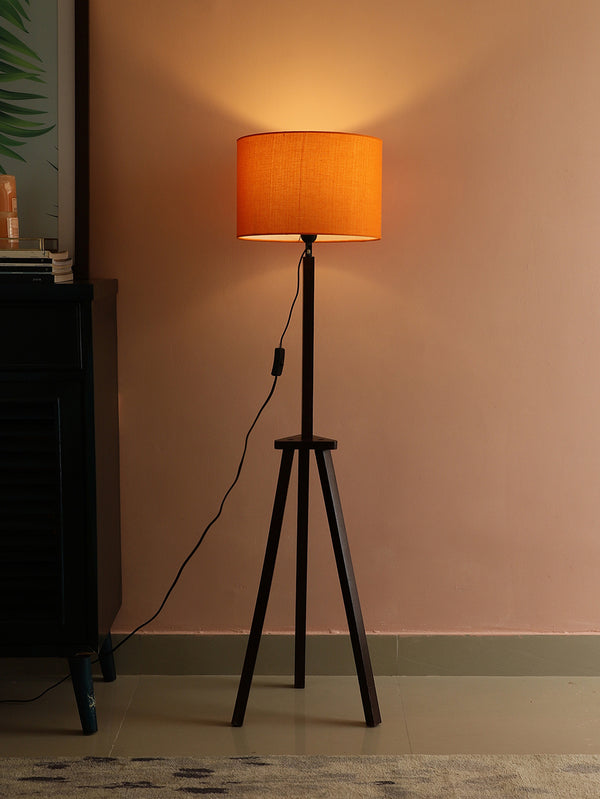 SANDED EDGE NORTHERN TRIPOD FLOOR LAMP IN SOLID WOOD AND WALNUT POLISH BASE  IN ORANGE COLOR ROUND SHAPE SHADE, FOR GIFT PACK OF 1.