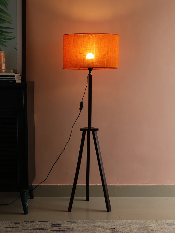 SANDED EDGE NORTHERN TRIPOD FLOOR LAMP IN SOLID WOOD AND WALNUT POLISH BASE IN ORANGE COLOR OVAL SHAPE SHAPE COLLAPSIBLE SHADE, FOR GIFT PACK OF 1.
