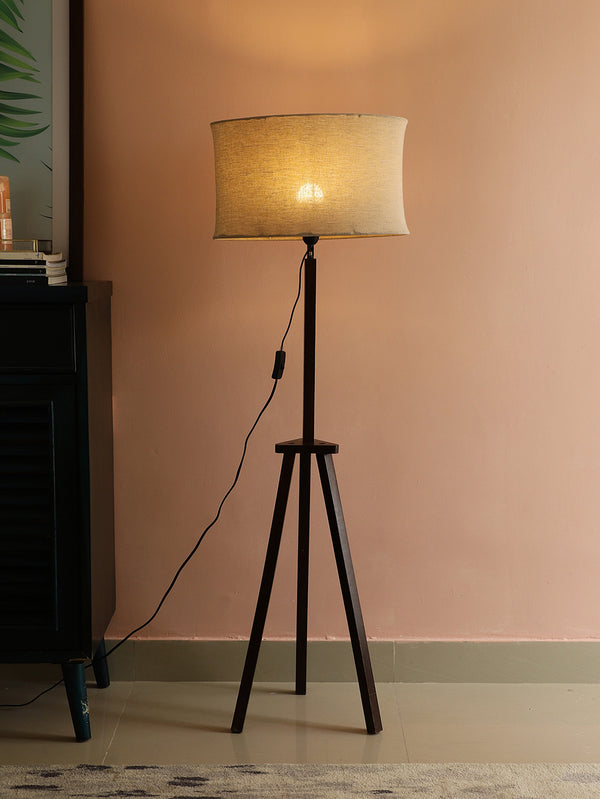 SANDED EDGE NORTHERN TRIPOD FLOOR LAMP IN SOLID WOOD AND WALNUT POLISH BASE IN BEIGE COLOR OVAL SHAPE SHAPE COLLAPSIBLE SHADE, FOR GIFT PACK OF 1.