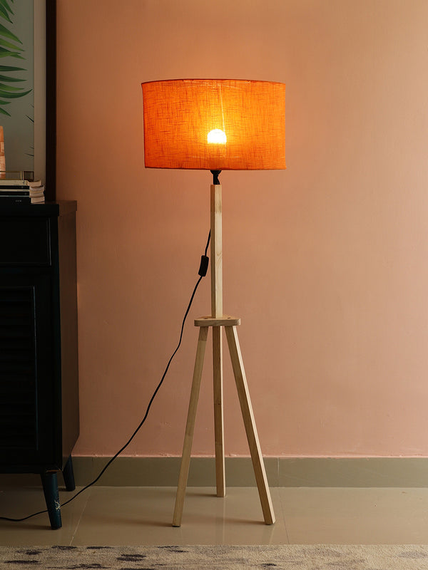 SANDED EDGE NORTHERN TRIPOD FLOOR LAMP IN SOLID WOOD AND NATURAL WOOD COLOR  IN ORANGE COLOR OVAL SHAPE COLLAPSIBLE SHAPE SHADE, FOR GIFT PACK OF 1.