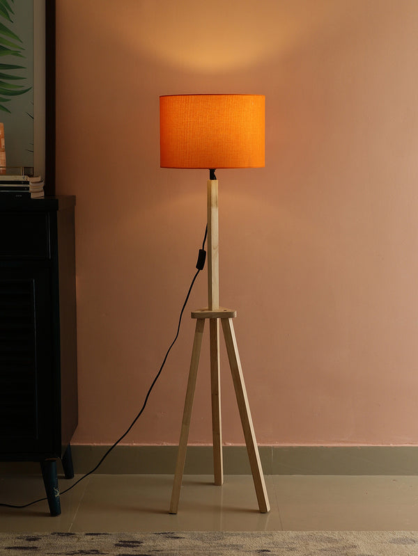 SANDED EDGE NORTHERN TRIPOD FLOOR LAMP IN SOLID WOOD AND NATURAL WOOD COLOR  IN ORANGE COLOR ROUND SHAPE SHADE, FOR GIFT PACK OF 1.