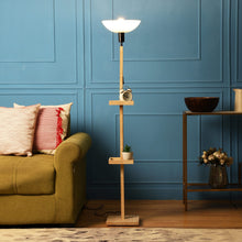 FRAPPE UPLIGHT FLOOR LAMP IN SOLID WOOD  WITH WHITE WASHABLE ACRYLIC SHADE IN WALNUT POLISH COLOR BASE AND 2 SHELFS