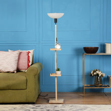 FRAPPE UPLIGHT FLOOR LAMP IN SOLID WOOD  WITH WHITE WASHABLE ACRYLIC SHADE IN WALNUT POLISH COLOR BASE AND 2 SHELFS