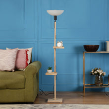 FRAPPE UPLIGHT FLOOR LAMP IN SOLID WOOD  WITH WHITE WASHABLE ACRYLIC SHADE IN WALNUT POLISH COLOR BASE AND 2 SHELFS