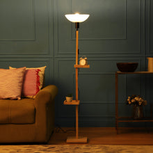 FRAPPE UPLIGHT FLOOR LAMP IN SOLID WOOD  WITH WHITE WASHABLE ACRYLIC SHADE IN WALNUT POLISH COLOR BASE AND 2 SHELFS