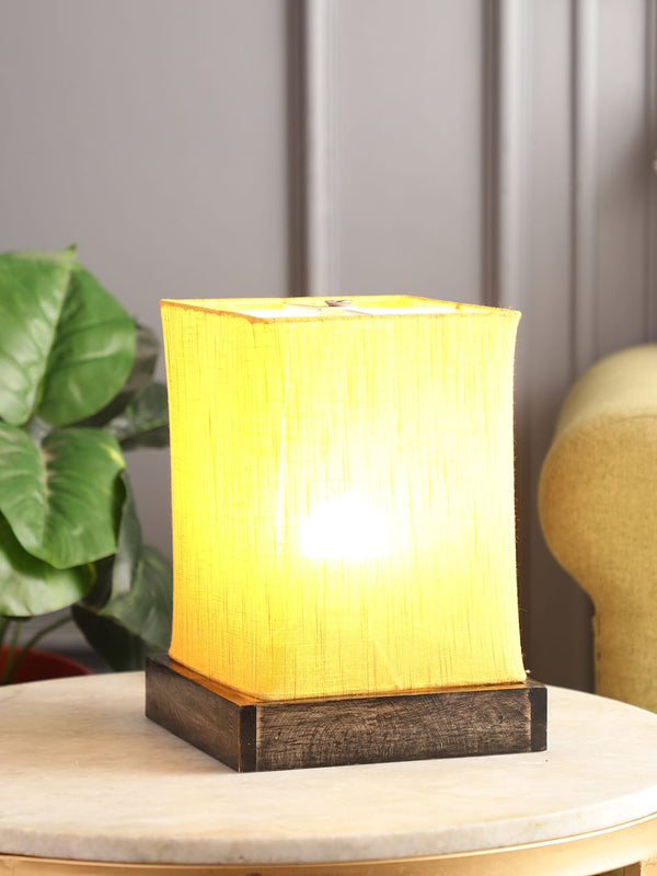 MALTA TABLE SIDE LAMP IN YELLOW COLOR COLLAPSIBLE SHADE WITH WALNUT COLOR SOLID WOOD BASE FOR GIFTS AND HOME DECOR, PACK OF 1