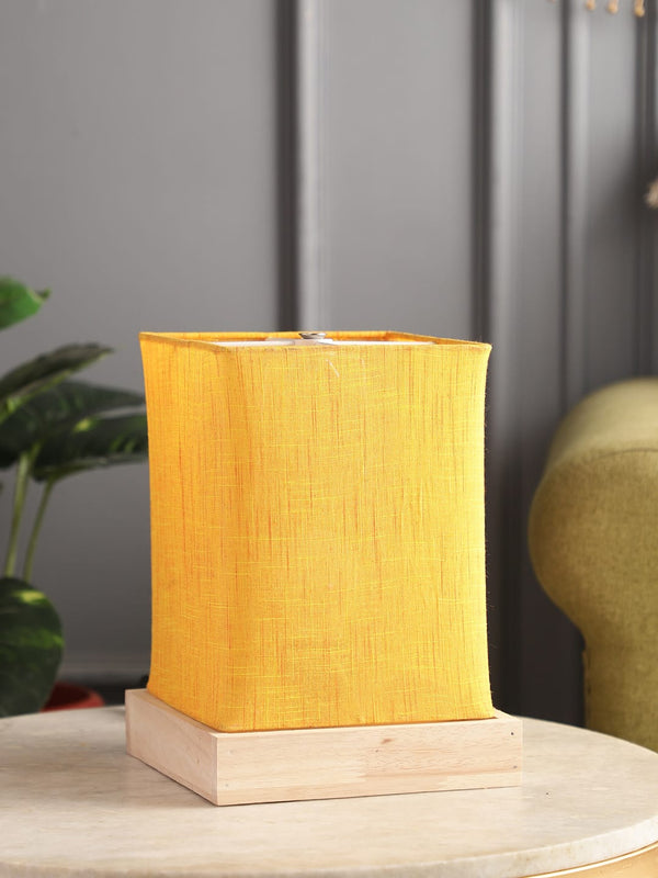 MALTA TABLE SIDE LAMP IN YELLOW COLOR COLLAPSIBLE SHADE WITH NATURAL WOOD COLOR SOLID WOOD BASE FOR GIFTS AND HOME DECOR, PACK OF 1