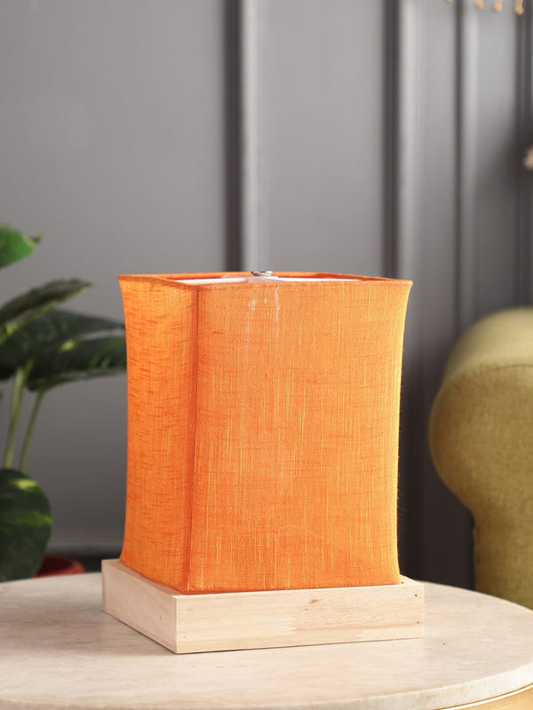 MALTA TABLE SIDE LAMP IN ORANGE COLOR COLLAPSIBLE SHADE WITH NATURAL WOOD COLOR SOLID WOOD BASE FOR GIFTS AND HOME DECOR, PACK OF 1