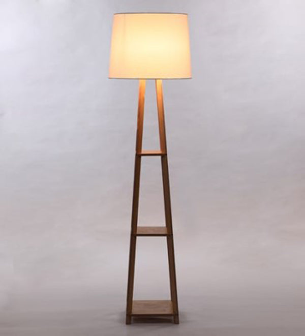 BEIGE FABRIC NATURAL WOOD FLOOR LAMP WITH SHELF