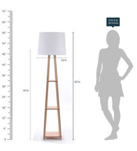 BEIGE FABRIC NATURAL WOOD FLOOR LAMP WITH SHELF